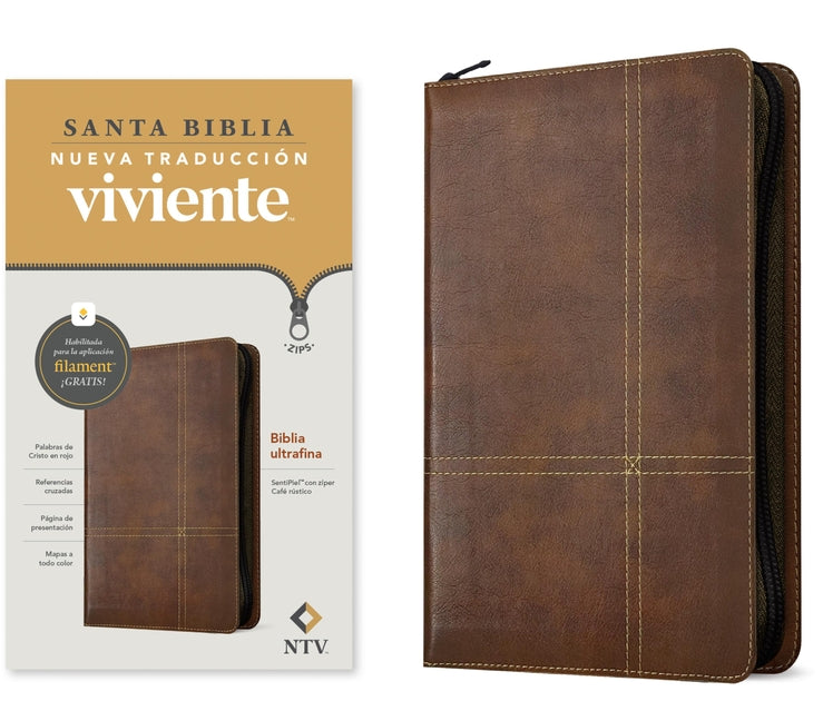 Biblia Ultrafina Ntv de Zíper, Con Filament (Sentipiel, Café Rústico, Letra Roja) by Tyndale