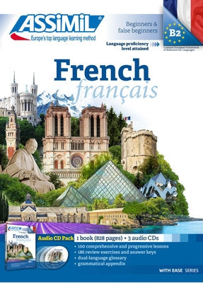 French Superpack book by Assimil S.A.S. with CD case showing a paperback language learning set and audio CDs inside.