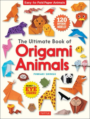Paperback book titled The Ultimate Book of Origami Animals by Tuttle Publishing, showing colorful paper animal models and eye stickers.