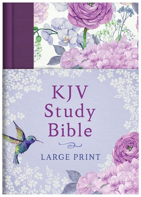 Large print KJV Study Bible by Barbour Publishing with hummingbird and lilacs cover design, open to biblical study pages.