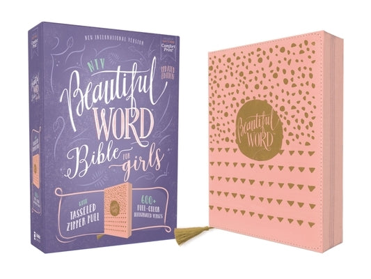 Niv, Beautiful Word Bible for Girls, Updated Edition, Leathersoft, Zippered, Pink, Red Letter, Comfort Print: 600+ Full-Color Illustrated Verses Bible Zonderkidz