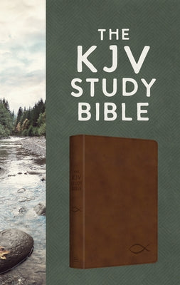 Chestnut brown KJV Study Bible by Barbour Publishing with fish design on cover, open to pages showing biblical text and study notes.