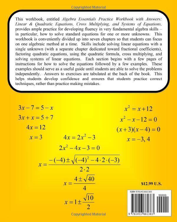 Algebra Essentials Practice Workbook with Answers: Linear & Quadratic Equations, Cross Multiplying, and Systems of Equations: Improve Your Math Fluenc Mathematics | Algebra McMullen, Chris